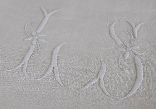 B775 - Lovely Antique French Linen Trousseau Sheet, L & S Embroidered Monogram, 19th C