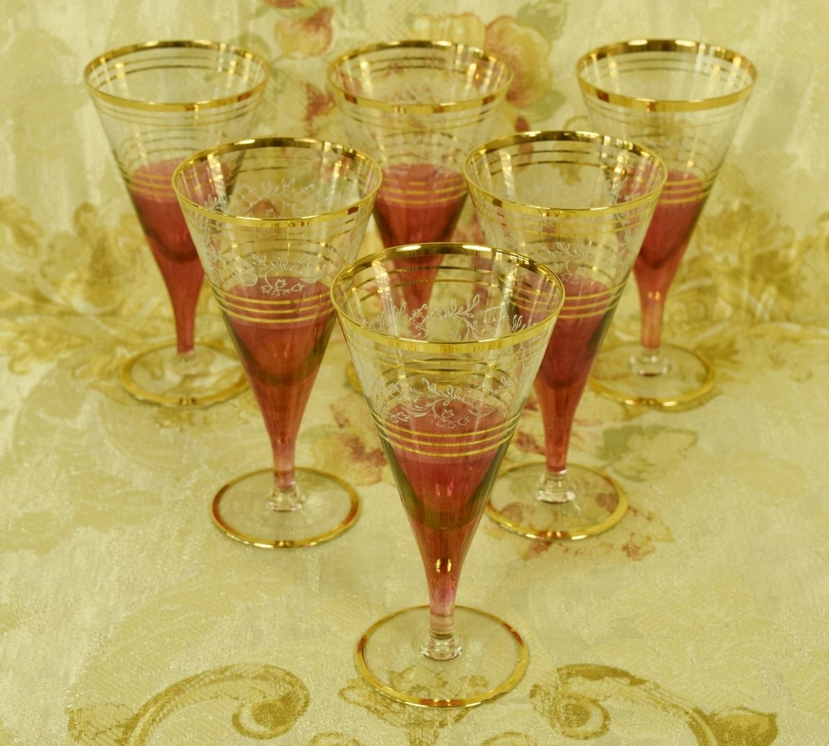 B873 - Divine Set 6 Vintage French Cranberry, Etched & Gilded Sherry Glasses