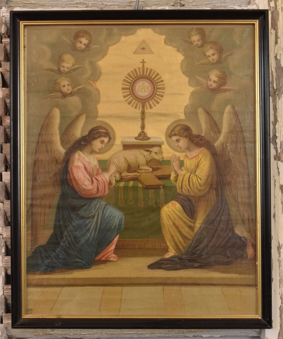 B928 - Divine Angels and Cherubs At Altar Antique French Framed Religious Print 19th C