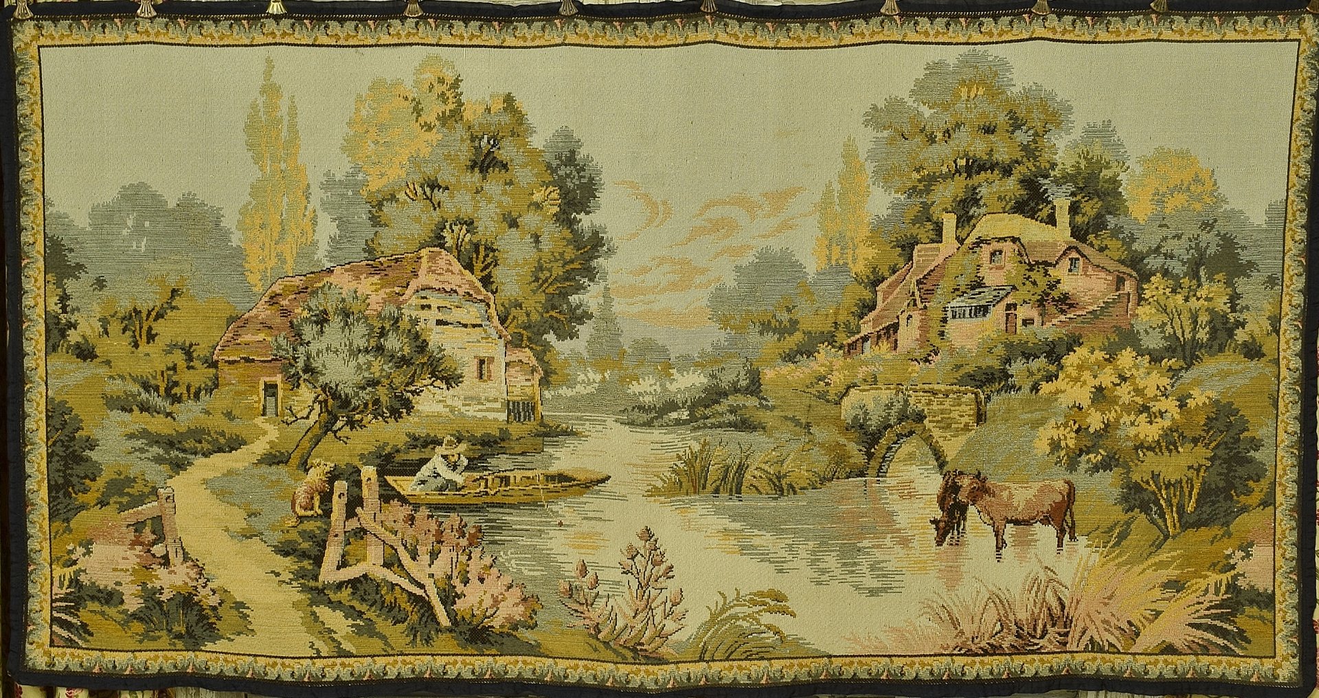 B1041 - Charming Vintage French Tapestry Wall Hanging, Serene Riverside Scene