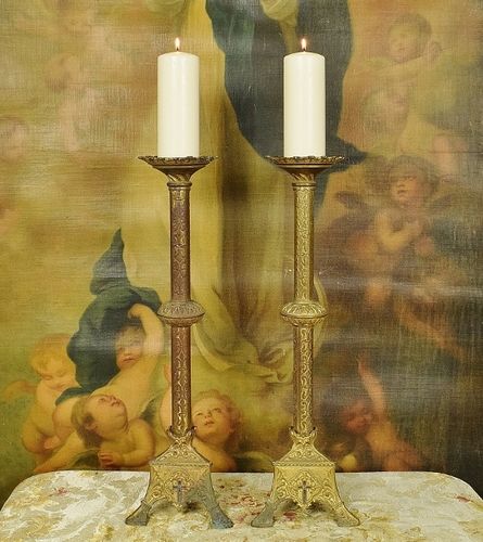 B1089 - Impressive Tall Pair Antique French Gilded Spelter Church Pricket Candlesticks, 19th C