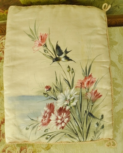 B1140 - Divine Antique French Hand Painted Pink Silk Lingerie Case, Hirondelle & Flowers