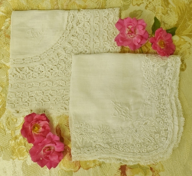 B1141 - TWO Beautiful Fine Lawn & Lace Antique French Monogrammed Dowry Handkerchiefs