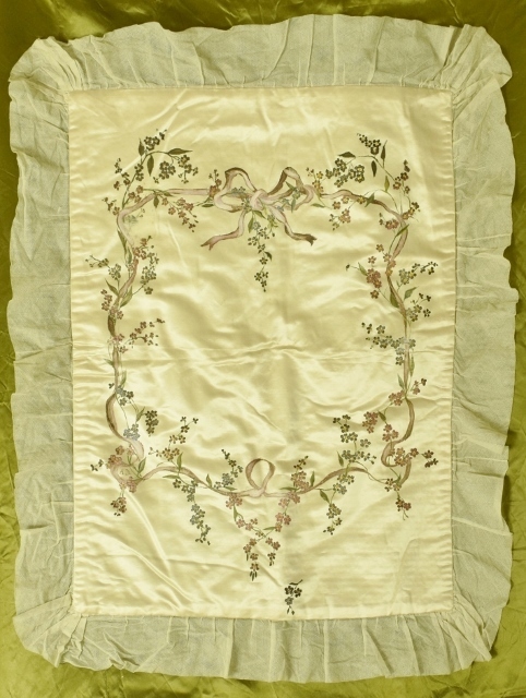 B1142 - Beautiful Antique French Hand Painted Silk Baby Coverlet, Ribbon, Bow & Flowers