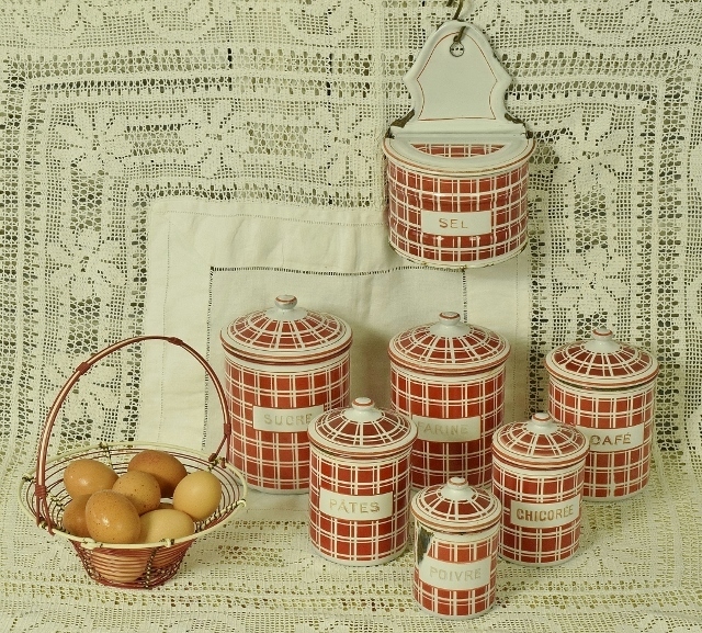 B1145 - Superb Set 7 Vintage French Enamel Kitchen Storage Canisters / Tins & Egg Basket