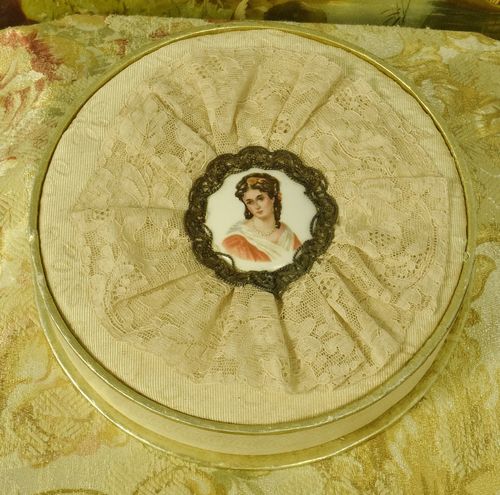 B1146 - Sublime Antique French Chocolate Box, Porcelain Plaque, Lace, Passementerie Trim