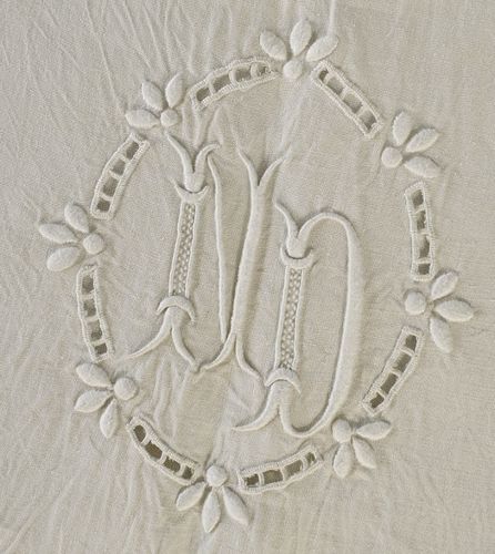 B1255 - Sublime Antique French Monogrammed 'ND' Linen Dowry Sheet, Richelieu Lace 19th C