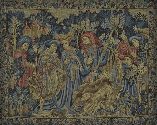 B1267 - Superb Vintage French Woven Tapestry Wall Hanging, Medieval Gentry Hunting Scene