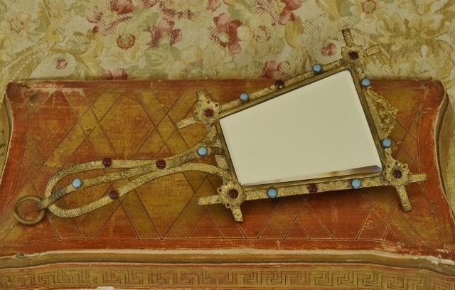 B1286 - Amazing Antique French 'Jewelled' & Gilded Hand Mirror, Bevelled Glass, 19th C
