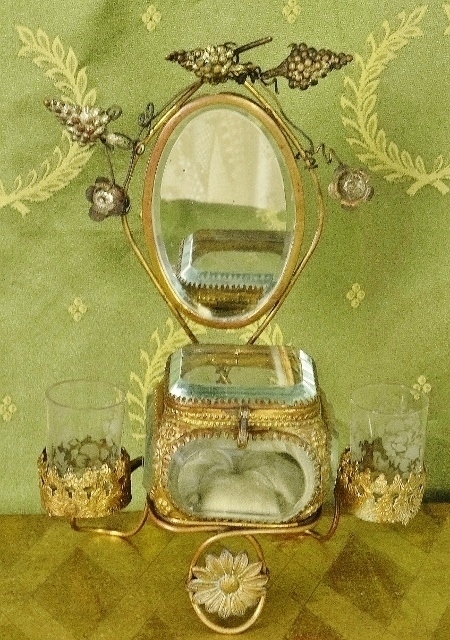 B1328 - Amazing Antique French Toleware Jewellery /Trinket Stand, Mirror & Glass Casket