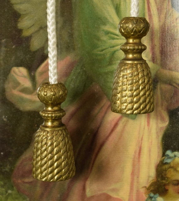 B1365 - Pair Superb Antique French Gilded Metal Tassel Light / Curtain / Drape Pulls, 19th Century