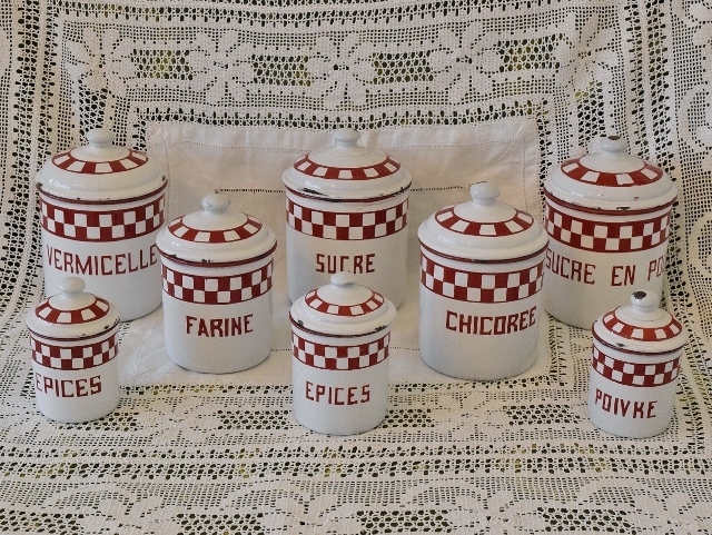 B1390 - Splendid Set 8 Vintage French Red & White Enamel Kitchen Storage Canisters,Tins