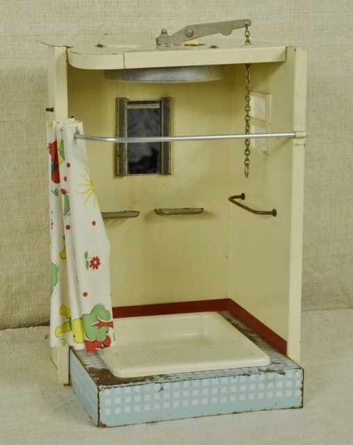 B1415 - Charming Vintage French Doll's House Tin Shower Room With Working Shower, 1950's