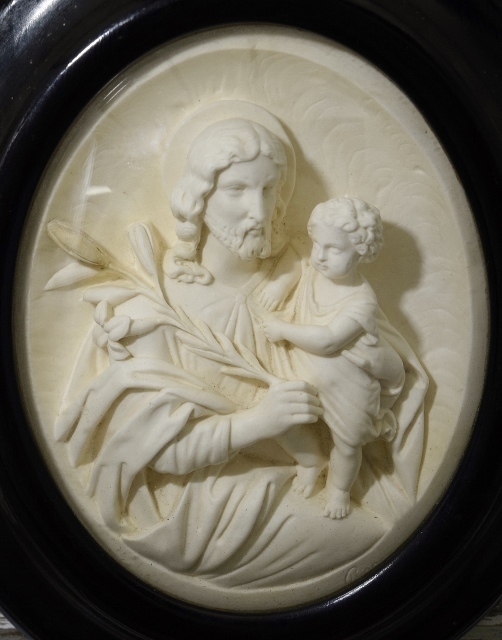 B1427 - Superb Antique French Religious Diorama, St.Joseph, Jesus & Fleur De Lys, 19th C