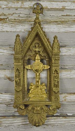 B1429 - Superb Antique French Architectural Altar, Gilded Jesus On Cross With Cherubs
