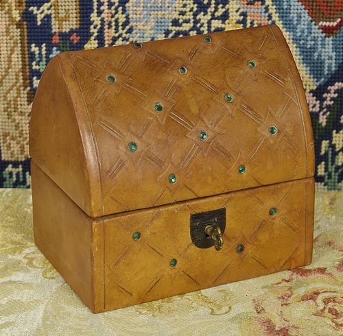 B1446 - Gorgeous Antique French Bejewelled Gothic Leather Jewellery Box / Treasure Chest