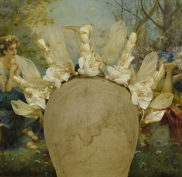 B1464 - Amazing Antique French Silk Flower & Pearl Wedding, Bridal Couronne,Tiara, Crown