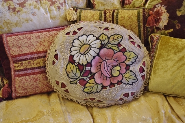 B1471 - Sumptuous Antique French Hand Made Cut Out & Embroidered Cushion With Flowers