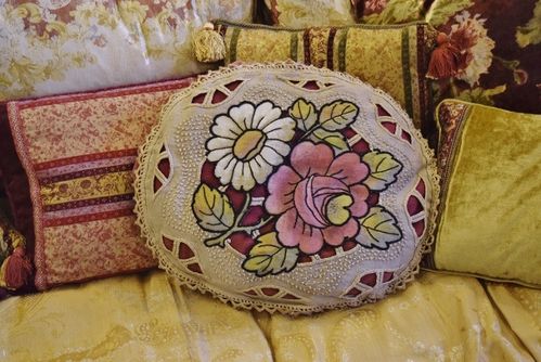 B1471 - Sumptuous Antique French Hand Made Cut Out & Embroidered Cushion With Flowers