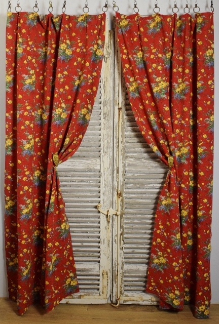 B1475 - Rather Jolly Pair Long Vintage French Red Floral Cotton Curtains / Drapes C1930