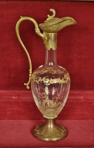 B1479 - Sublime Antique French Etched Glass Jug Decanter With Handle Repousse Lid & Base
