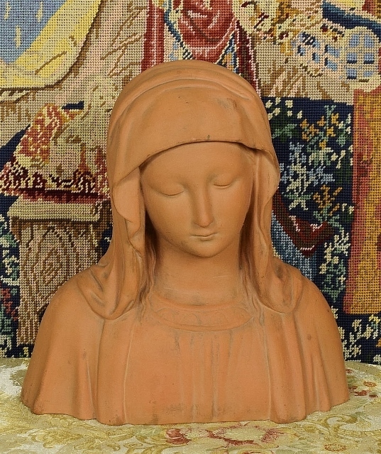 B1482 - Stunning Large Antique French Terracotta Bust / Statue, Virgin Mary, The Madonna