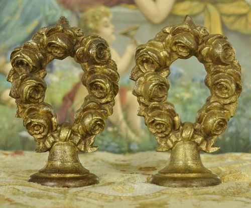 B1490 - Gorgeous Pair Antique French Chateau Curtain Pole Finials, Roses & Bow, 19th Century