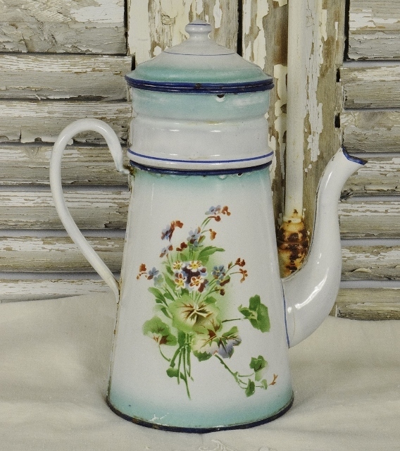 B1504 - Beautiful Antique French Enamel Cafetiere / Coffee Pot With Flower Vignettes