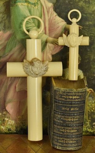 B1508 - TWO Superb Antique French Crucifixes With Adorable Winged Cherubic Angel, C1900