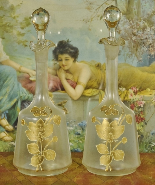 B1513 - Gorgeous PAIR Antique French Art Nouveau Gilded Glass Decanters With Stoppers