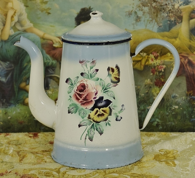 B1516 - Sublime Antique French Enamelware Cafetiere / Coffee Pot, Pink Roses & Pansies