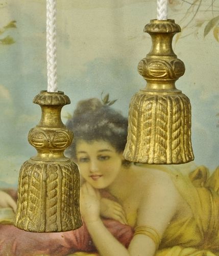 B1521 - Pair Superb Large Antique French Gilded Metal Tassel Light / Curtain / Drape Pulls