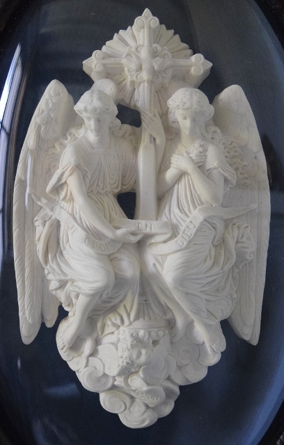 B1530 - Exceptional Antique French Religious Diorama, Winged Angels & Cherub, C 1860