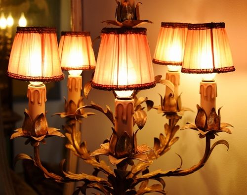 B1539 - Heavenly Set 5 Antique French Pleated Silk Chandelier Lampshades, Early 1900's