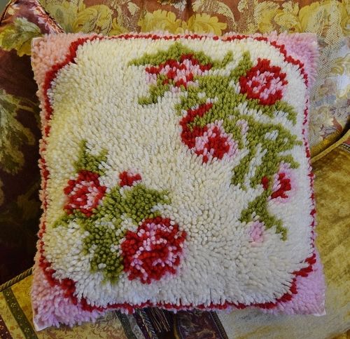 B1540 - Very Darling Vintage French Hand Made Wool & Satin Cushion, Pink Roses & Leaves