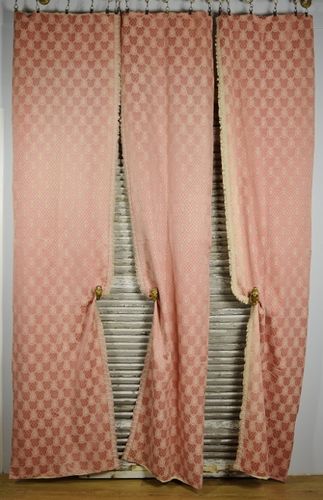 B1543 - Delicious Set 3 Antique French Coral Pink Silk Chateau Curtains, Drapes C1920
