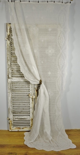 B1548 - Beautiful Antique French Fine Muslin, Cornely Lace Long Curtain / Drape 19th C