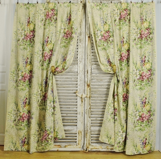 B1561 - Delightful Pair Long Vintage French Floral Print Cotton Curtains / Drapes C1930