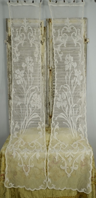 B1564 - Beautiful Pair Long Antique French Art Nouveau Cornely Lace Curtains / Drapes