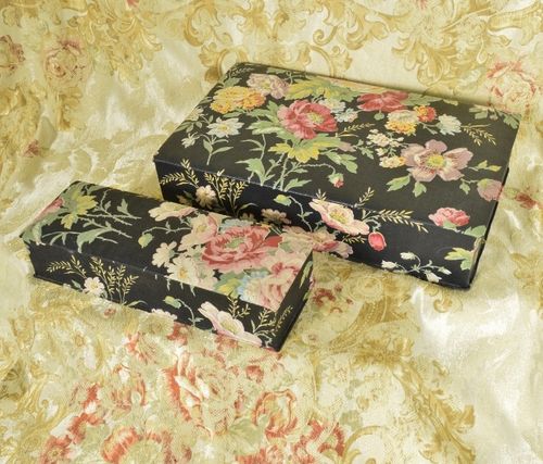B1574 - Gorgeous PAIR Antique French Chintz Textile Boudoir Boxes Stunning Florals Circa 1920