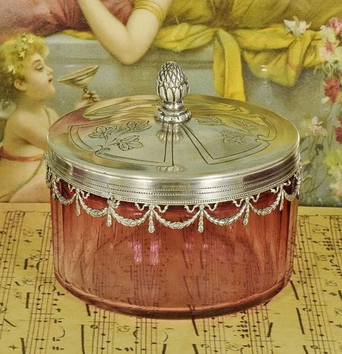 B1590 - Beautiful Antique French Cranberry Glass Vanity Powder Pot, Silver Plated Lid