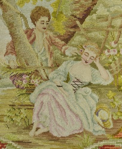 B1593 - Exquisite Antique French Hand Worked Needlepoint / Tapestry Panel, 18th C Lovers