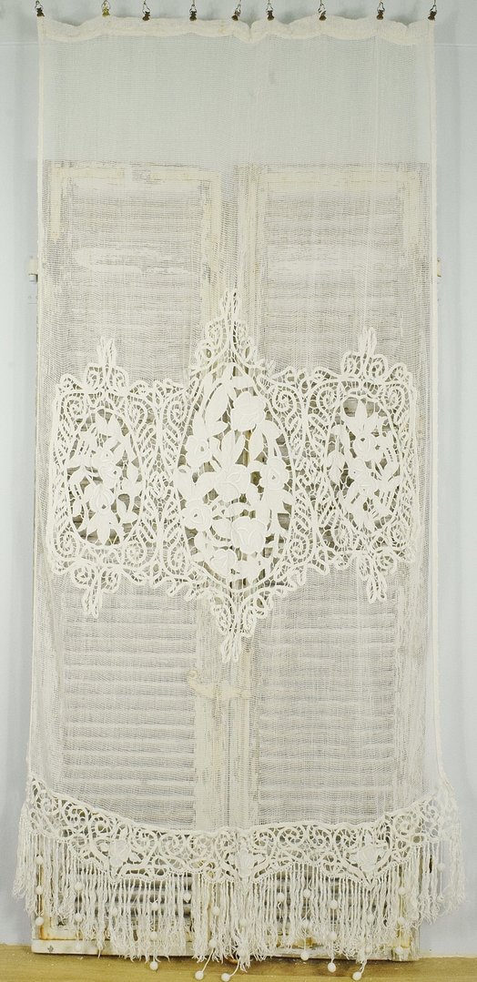 B1604 - Fabulous Antique French Long Richelieu & Filet Lace Tasseled Curtain / Drape