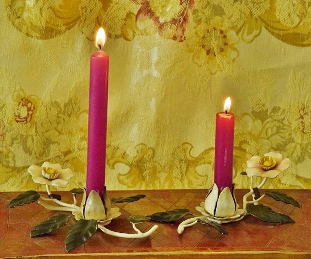 B1619 - Delightful Pair Vintage Italian Toleware Flower Chambersticks, Candle Holders