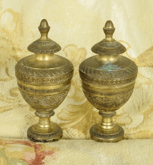 B1602 - Stunning Pair Antique French Brass Chateau Curtain Pole Finials, Embellishments