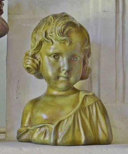 B1624 - Beautiful Antique French Plaster Bust, Pretty Little Girl In Green, Early 1900's