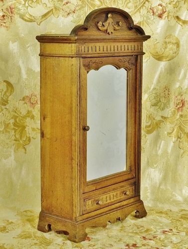 B1629 - Sublime Antique French Miniature Armoire / Doll's Wardrobe With Mirror & Drawer