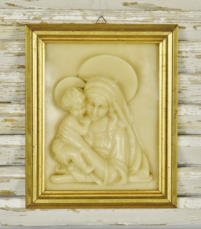 B1635 - Divine Antique French Religious Framed Wax Plaque Madonna & Child, Mary & Jesus