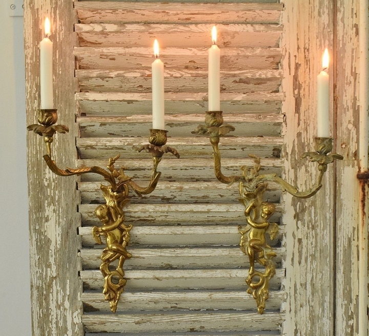 B1637 - Superb Pair Antique French Two Arm Brass Candle Wall Sconces With Winged Cherubs