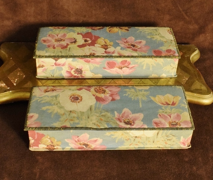 B1638 - Beautiful PAIR Antique French Cotton Textile Boudoir Boxes, Pink Anemones, C1920